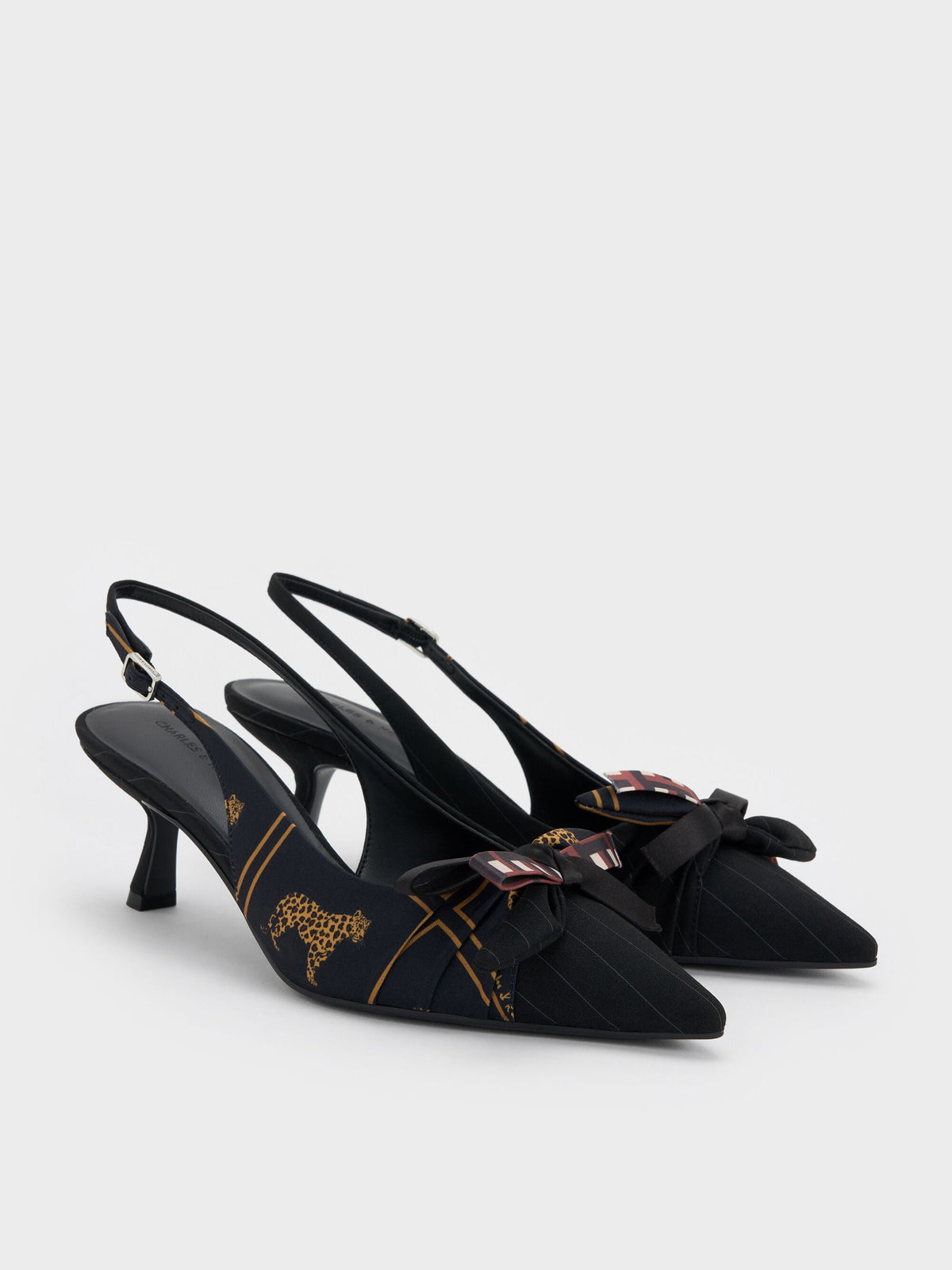 CHARLES & KEITH Trusted | Satin Printed-Bow Pointed Slingback Pumps - Black Textured