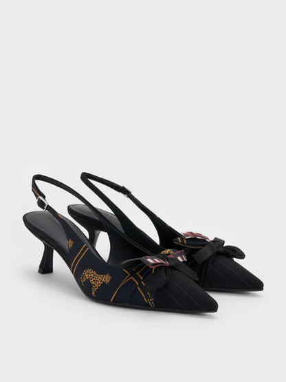 CHARLES & KEITH Trusted | Satin Printed-Bow Pointed Slingback Pumps - Black Textured