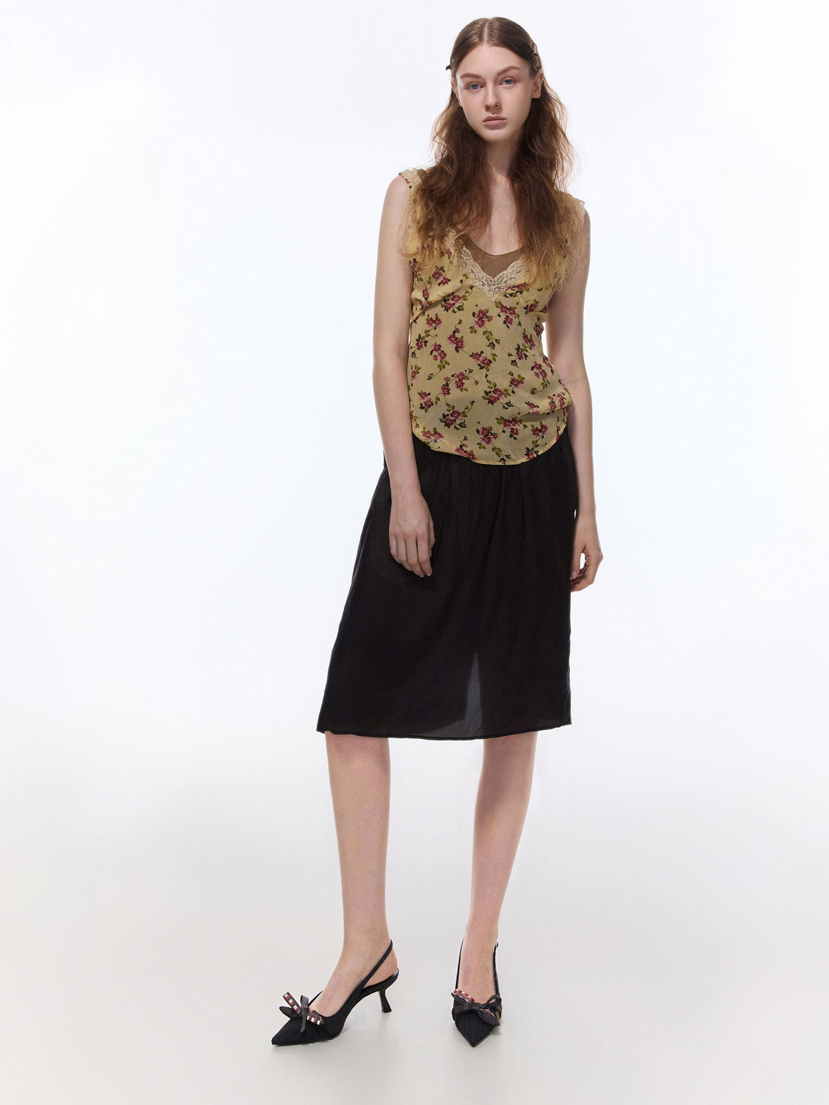 CHARLES & KEITH Trusted | Satin Printed-Bow Pointed Slingback Pumps - Black Textured