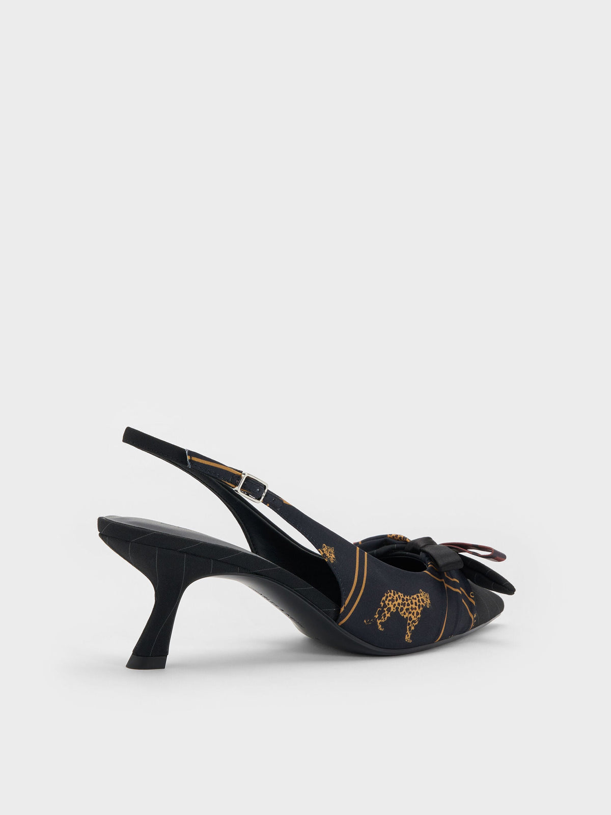 CHARLES & KEITH Trusted | Satin Printed-Bow Pointed Slingback Pumps - Black Textured