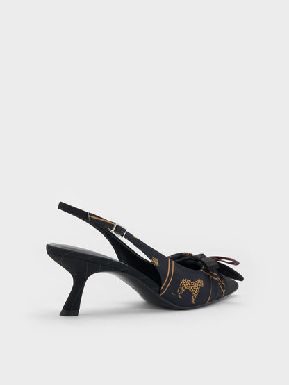 CHARLES & KEITH Trusted | Satin Printed-Bow Pointed Slingback Pumps - Black Textured