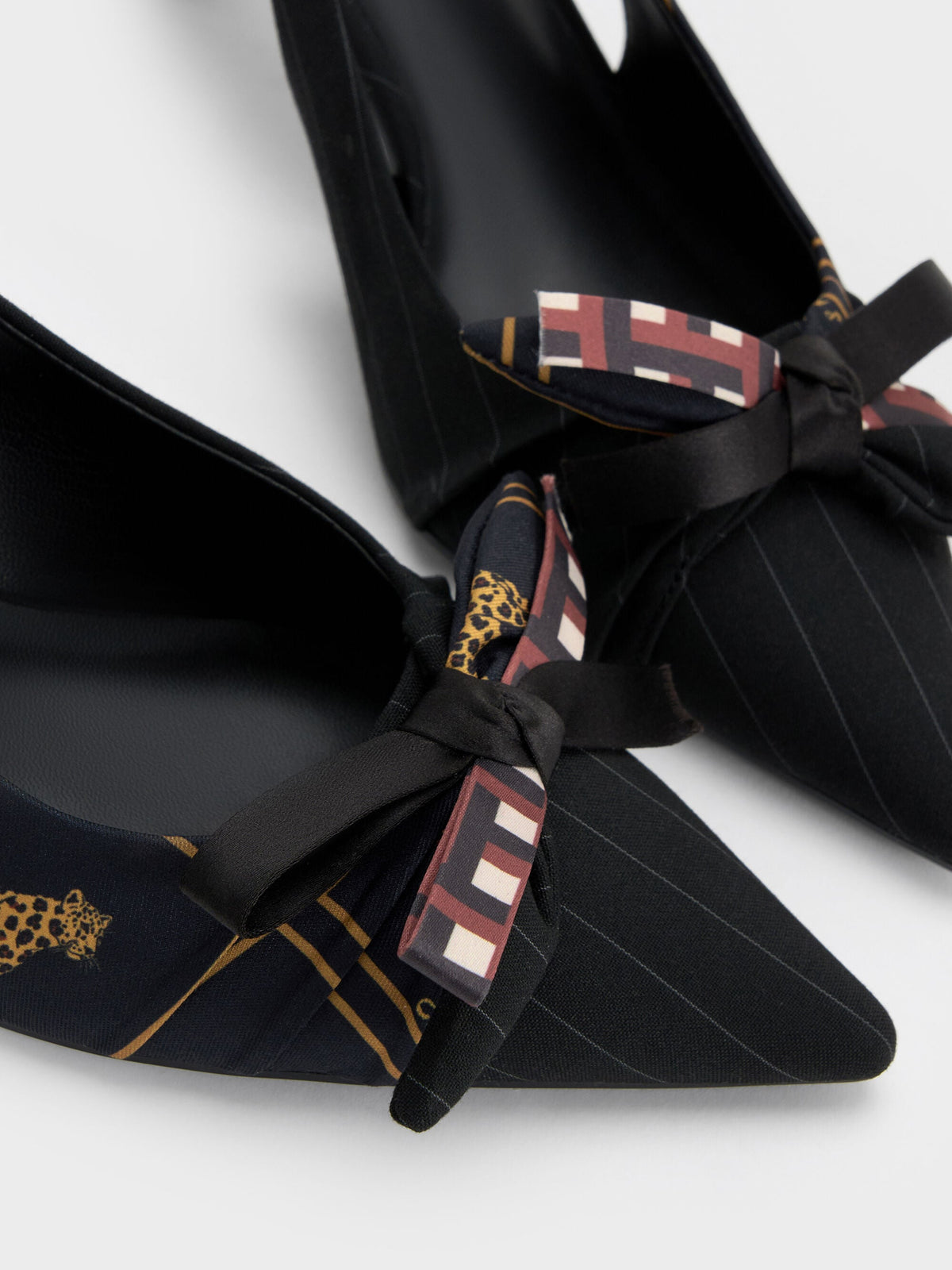 CHARLES & KEITH Trusted | Satin Printed-Bow Pointed Slingback Pumps - Black Textured