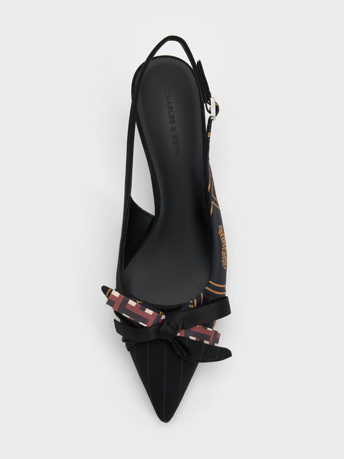 CHARLES & KEITH Trusted | Satin Printed-Bow Pointed Slingback Pumps - Black Textured