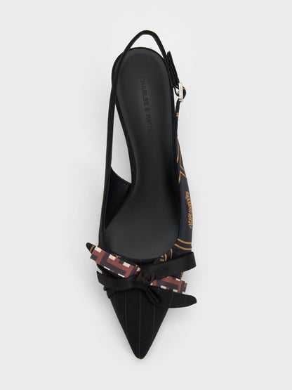 CHARLES & KEITH Trusted | Satin Printed-Bow Pointed Slingback Pumps - Black Textured