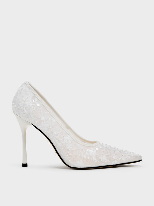 CHARLES & KEITH Customer Favorite | Kyra Embroidered-Mesh Stiletto Pumps - White