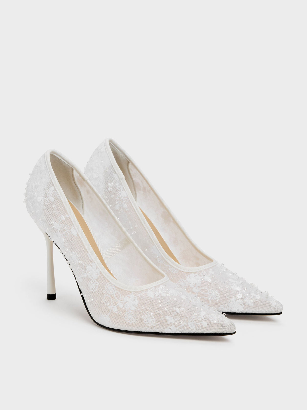 CHARLES & KEITH Customer Favorite | Kyra Embroidered-Mesh Stiletto Pumps - White