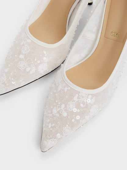 CHARLES & KEITH Customer Favorite | Kyra Embroidered-Mesh Stiletto Pumps - White