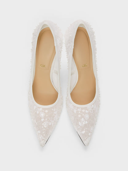 CHARLES & KEITH Customer Favorite | Kyra Embroidered-Mesh Stiletto Pumps - White