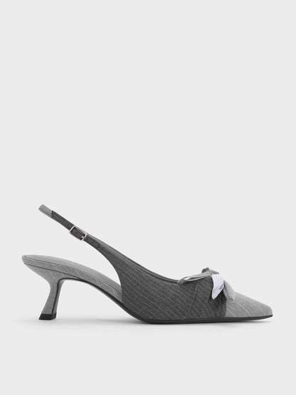 CHARLES & KEITH Top Pick | Striped Knot-Bow Pointed Slingback Pumps - Grey