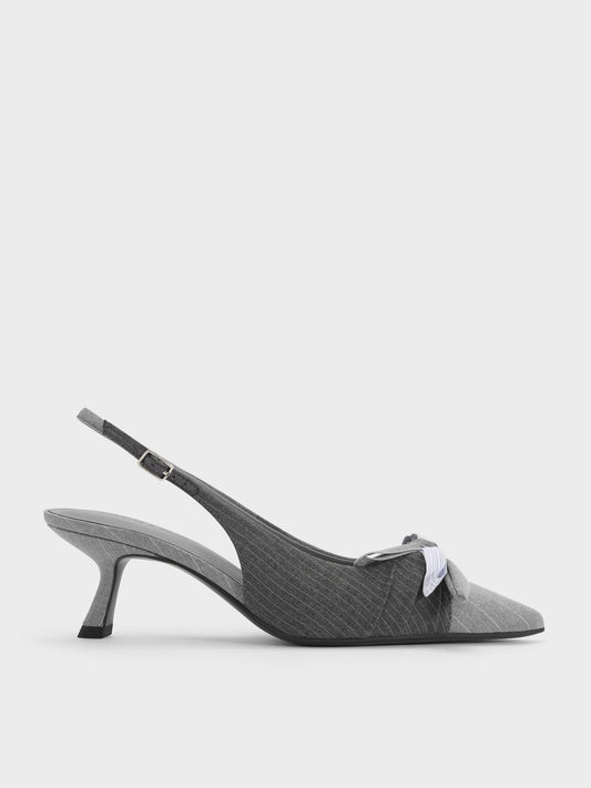 CHARLES & KEITH Top Pick | Striped Knot-Bow Pointed Slingback Pumps - Grey