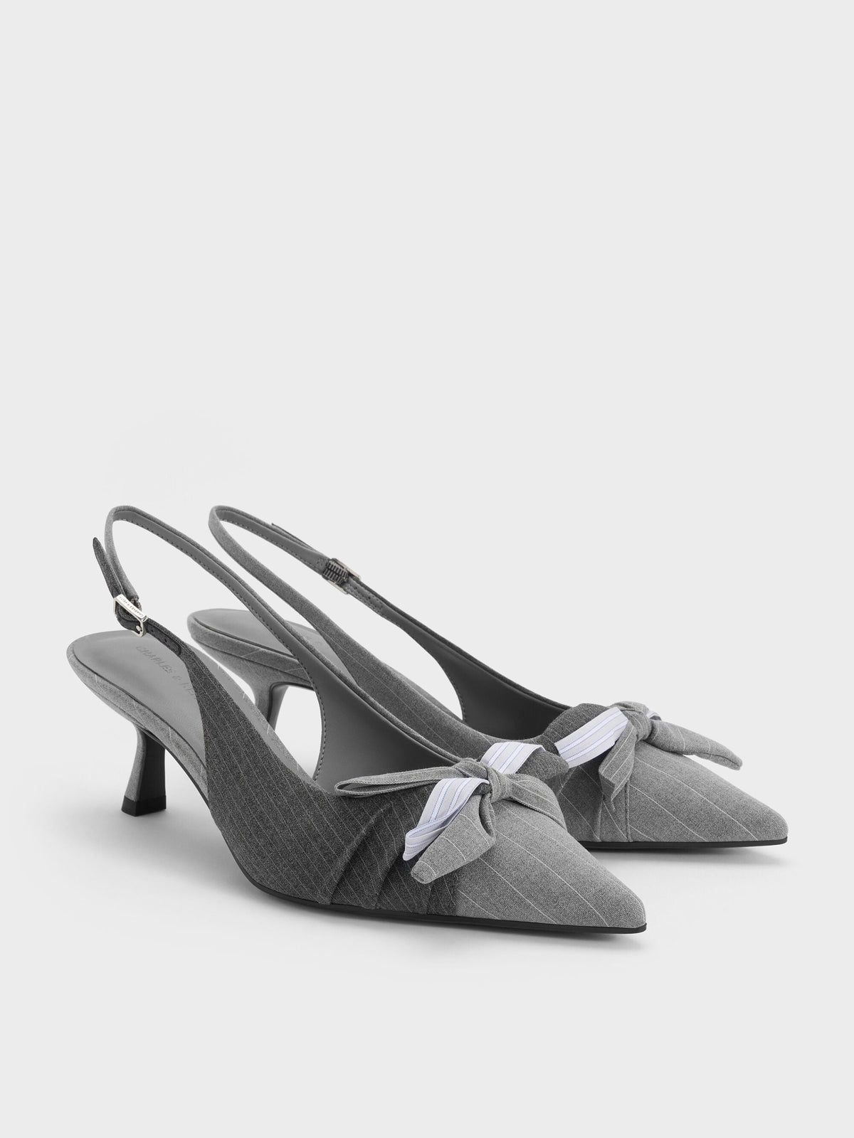 CHARLES & KEITH Top Pick | Striped Knot-Bow Pointed Slingback Pumps - Grey