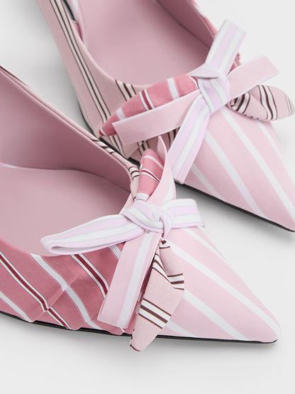 CHARLES & KEITH Trending | Striped Knot-Bow Pointed Slingback Pumps - Light Pink