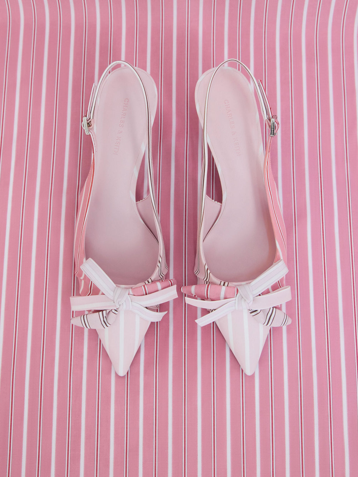 CHARLES & KEITH Trending | Striped Knot-Bow Pointed Slingback Pumps - Light Pink
