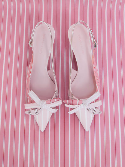 CHARLES & KEITH Trending | Striped Knot-Bow Pointed Slingback Pumps - Light Pink