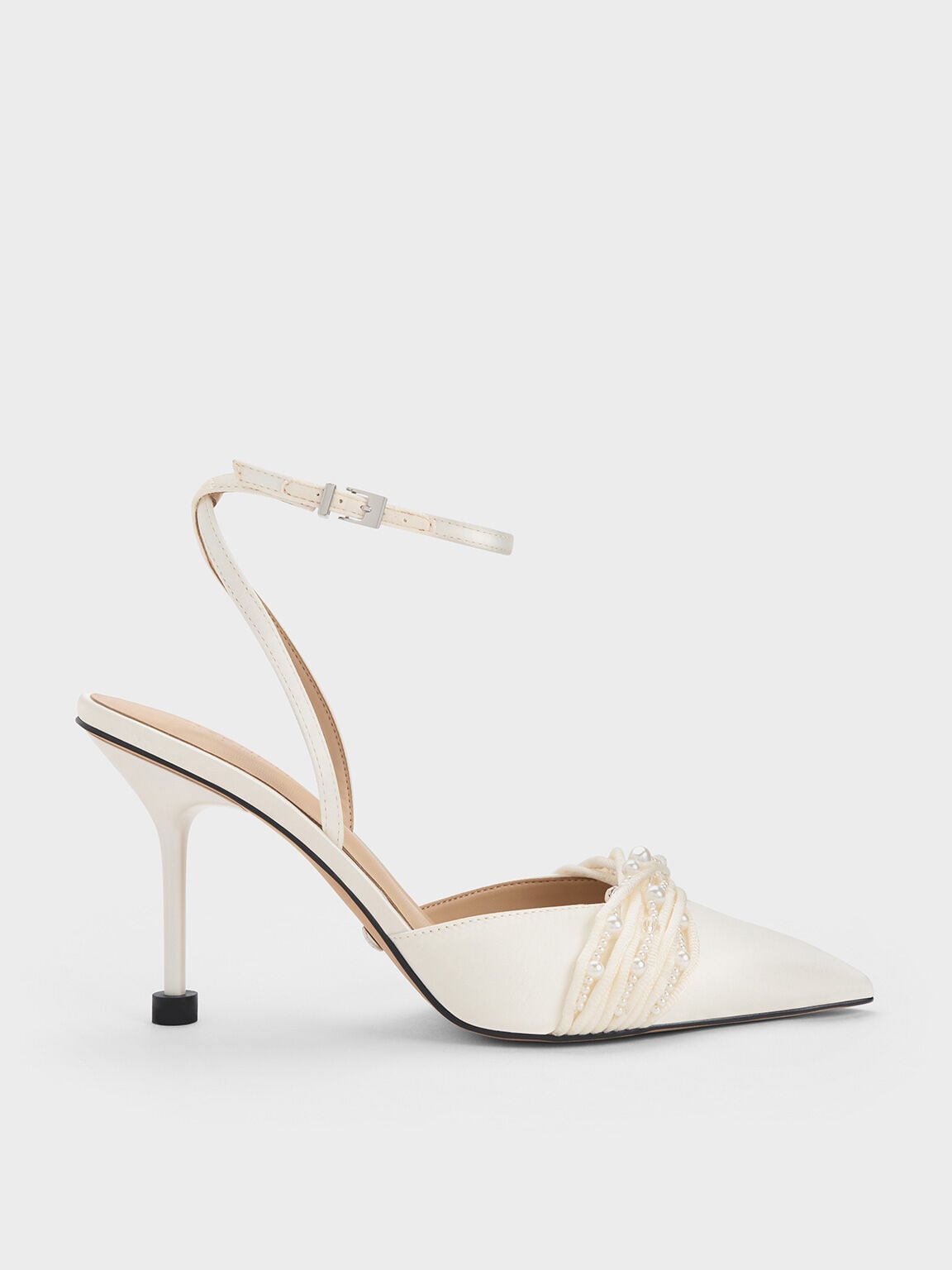 CHARLES & KEITH Exclusive | Leda Beaded Satin Ankle-Strap Pumps - White
