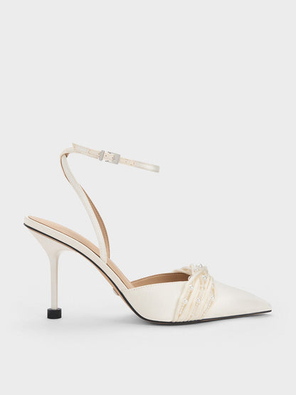 CHARLES & KEITH Exclusive | Leda Beaded Satin Ankle-Strap Pumps - White