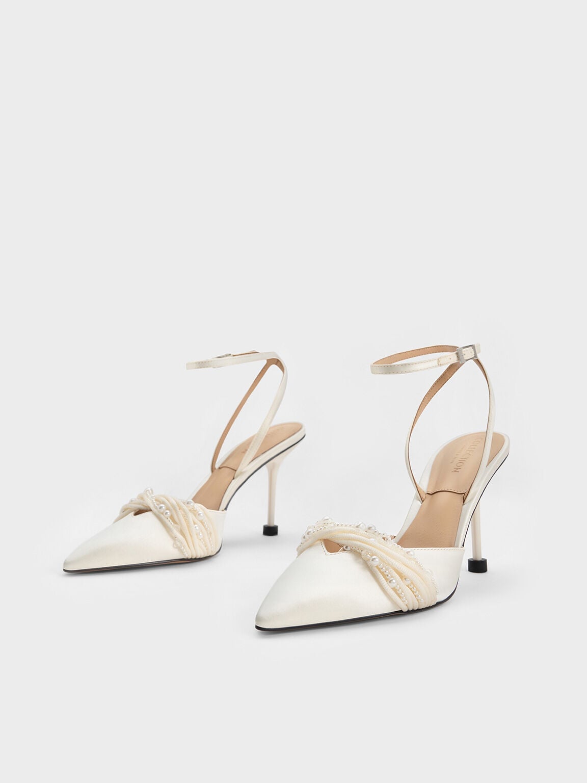 CHARLES & KEITH Exclusive | Leda Beaded Satin Ankle-Strap Pumps - White