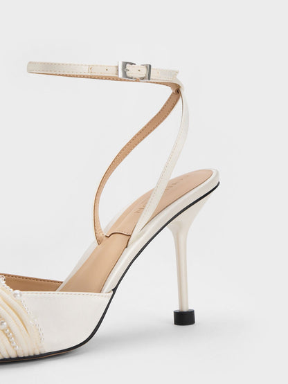 CHARLES & KEITH Exclusive | Leda Beaded Satin Ankle-Strap Pumps - White