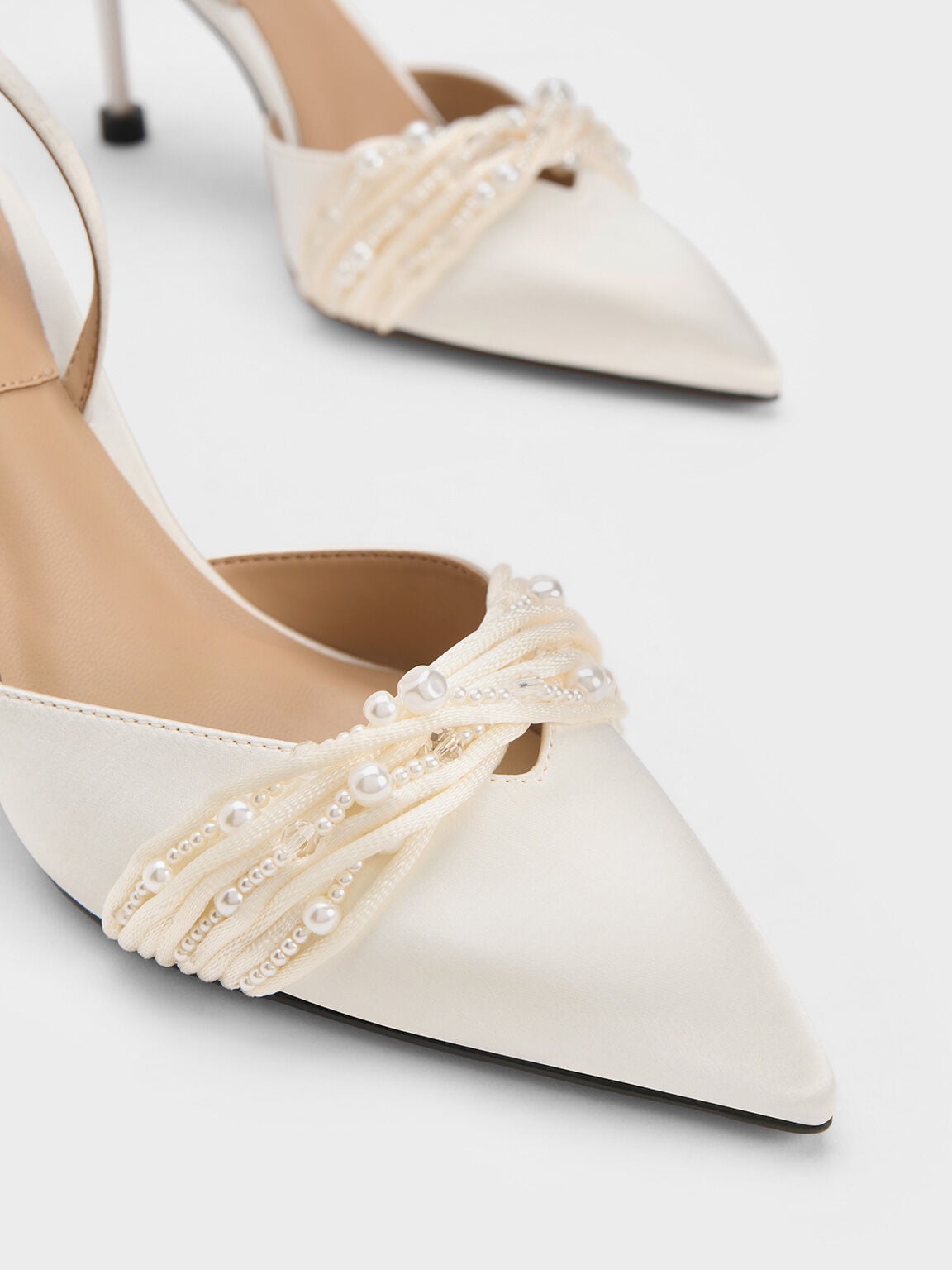 CHARLES & KEITH Exclusive | Leda Beaded Satin Ankle-Strap Pumps - White