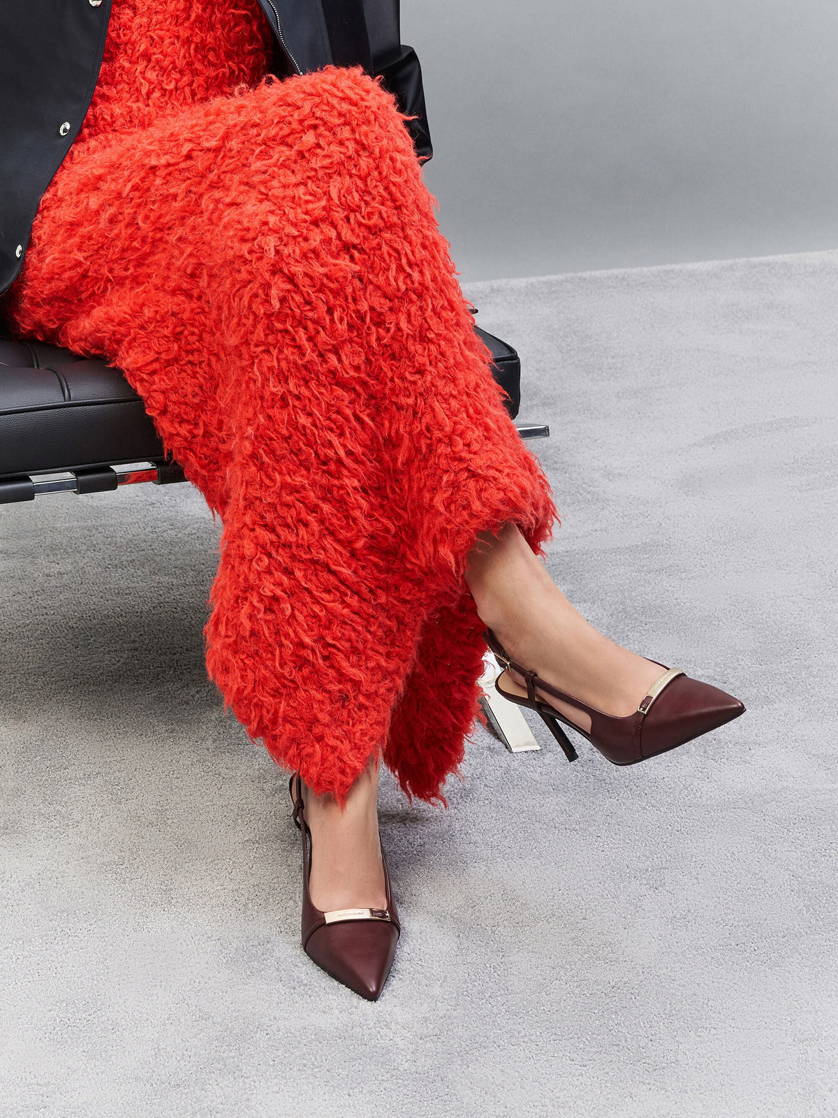 CHARLES & KEITH Hot Sale | Metallic-Bar Pointed Slingback Pumps - Burgundy
