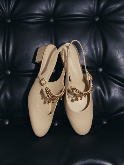CHARLES & KEITH Sale | Double-Chain Charm Mary Jane Slingback Pumps - Chalk
