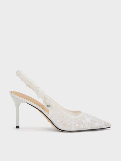 CHARLES & KEITH Featured | Tayari Embroidered-Mesh Slingback Pumps - White