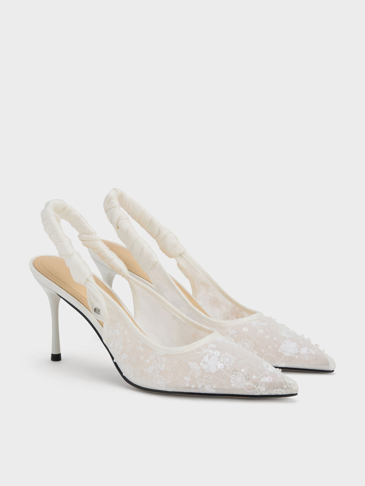 CHARLES & KEITH Featured | Tayari Embroidered-Mesh Slingback Pumps - White