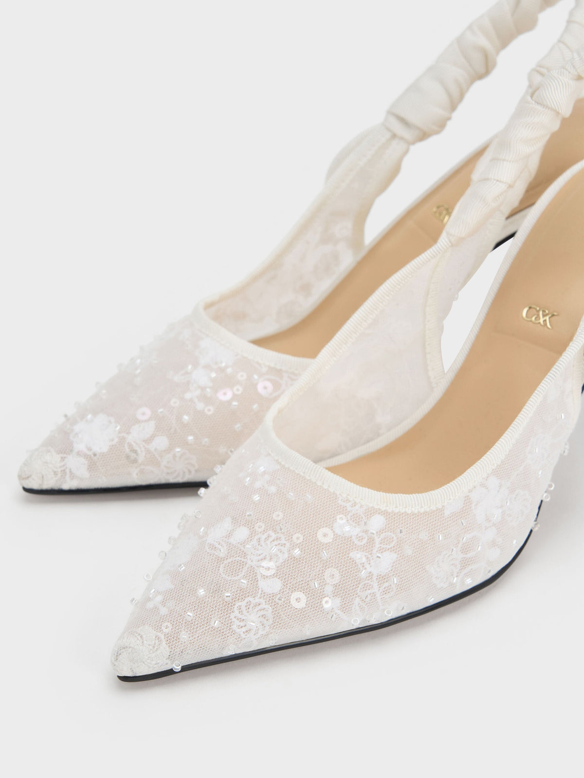 CHARLES & KEITH Featured | Tayari Embroidered-Mesh Slingback Pumps - White
