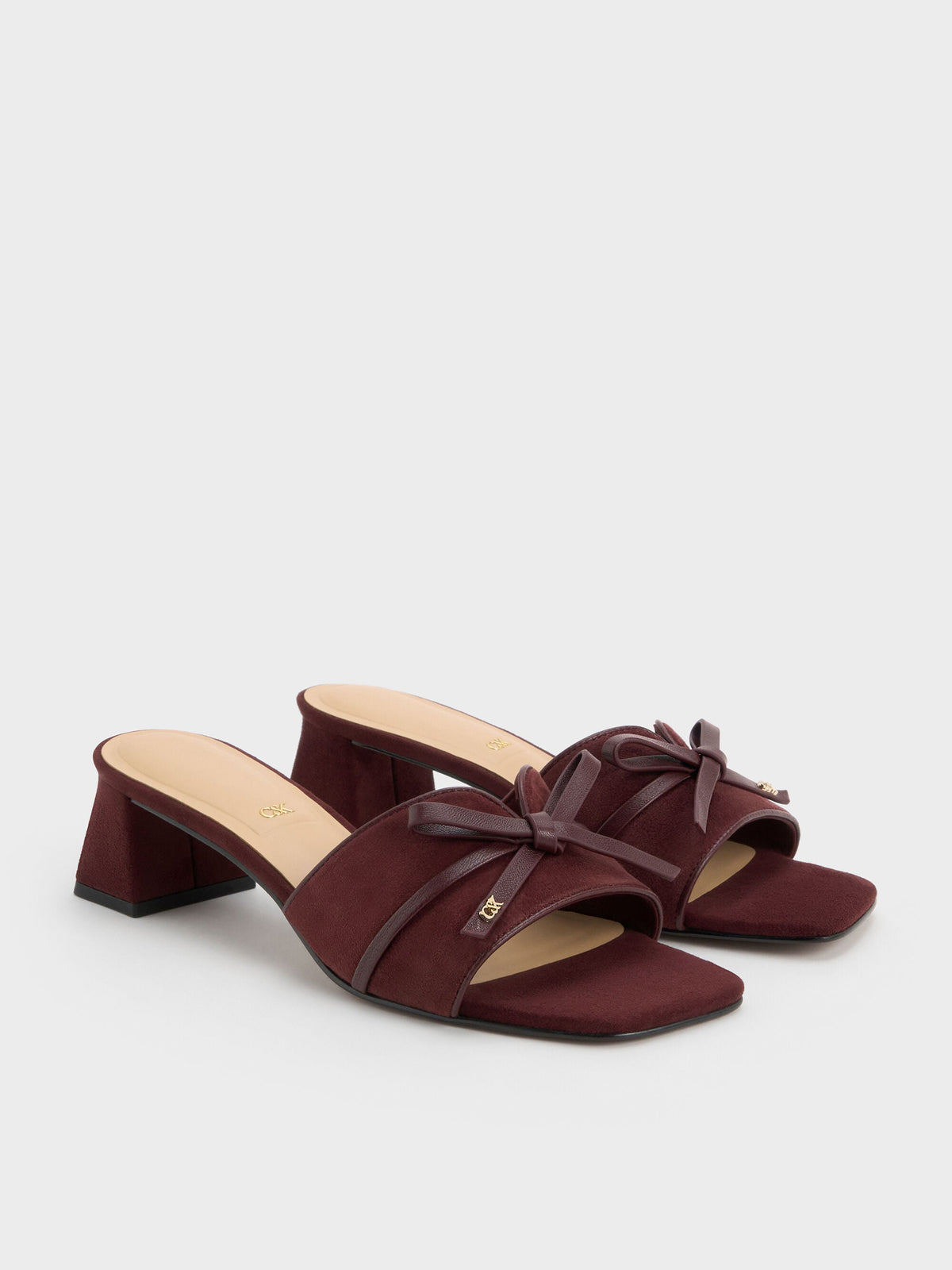 CHARLES & KEITH Everyday | Leather & Suede Bow Heeled Mules - Burgundy
