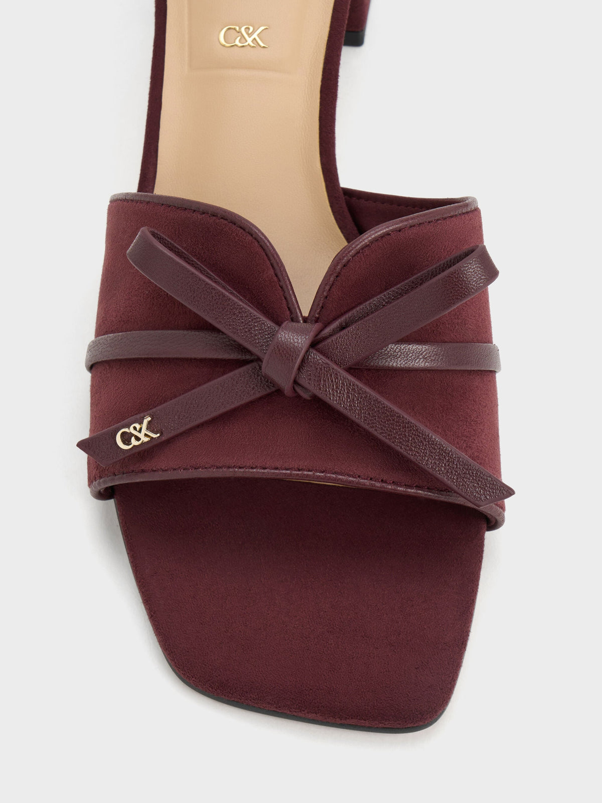 CHARLES & KEITH Everyday | Leather & Suede Bow Heeled Mules - Burgundy