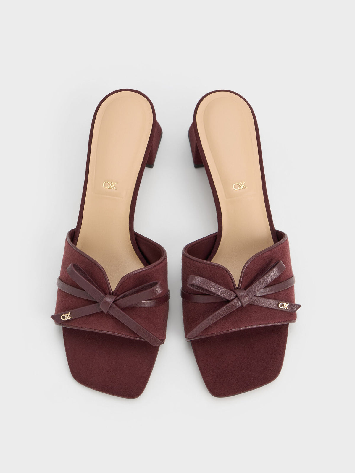 CHARLES & KEITH Everyday | Leather & Suede Bow Heeled Mules - Burgundy