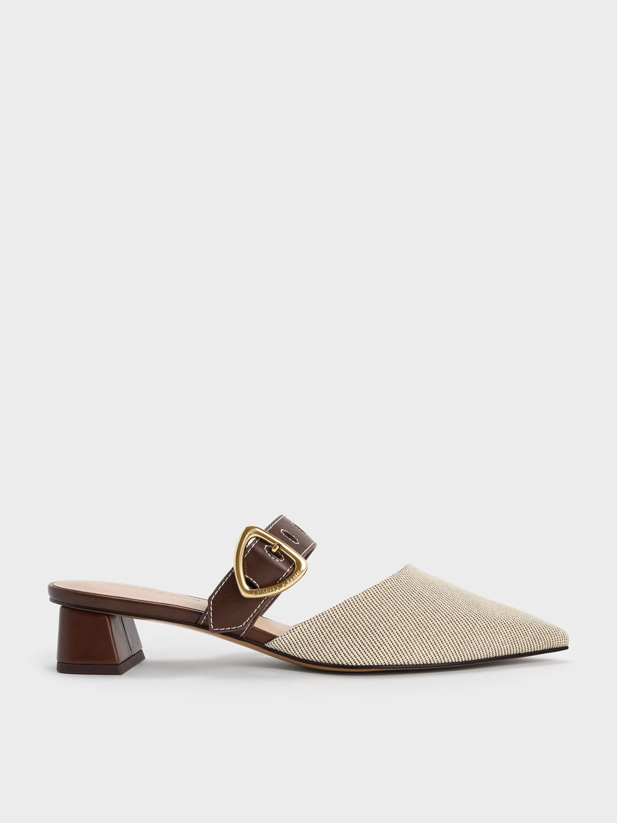 CHARLES & KEITH Classic | Sepphe Twill Buckle-Strap Heeled Mules - Brown