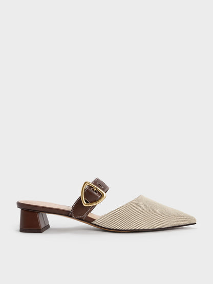 CHARLES & KEITH Classic | Sepphe Twill Buckle-Strap Heeled Mules - Brown