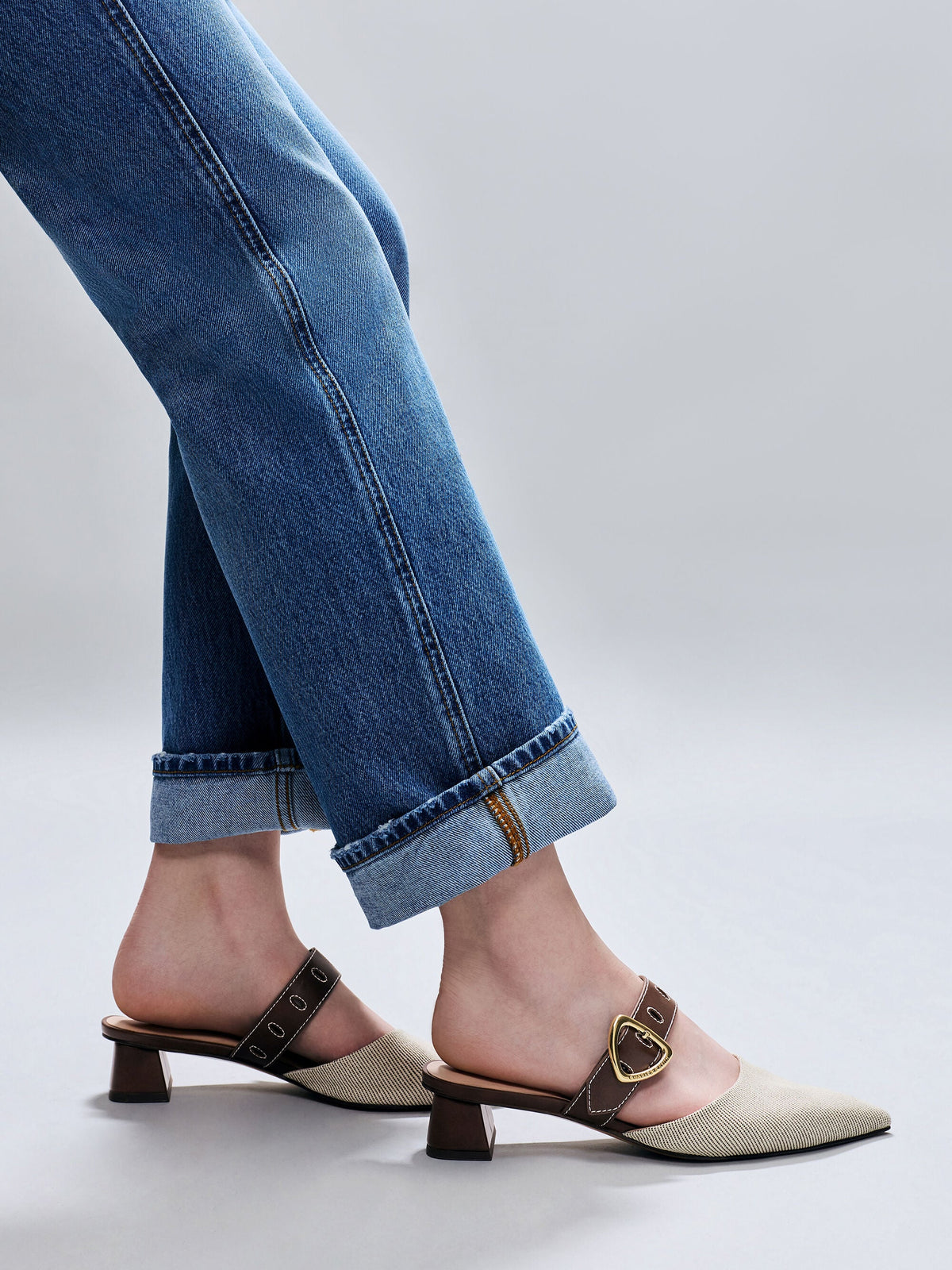 CHARLES & KEITH Classic | Sepphe Twill Buckle-Strap Heeled Mules - Brown