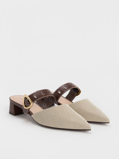 CHARLES & KEITH Classic | Sepphe Twill Buckle-Strap Heeled Mules - Brown