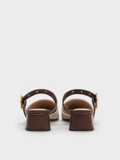 CHARLES & KEITH Classic | Sepphe Twill Buckle-Strap Heeled Mules - Brown