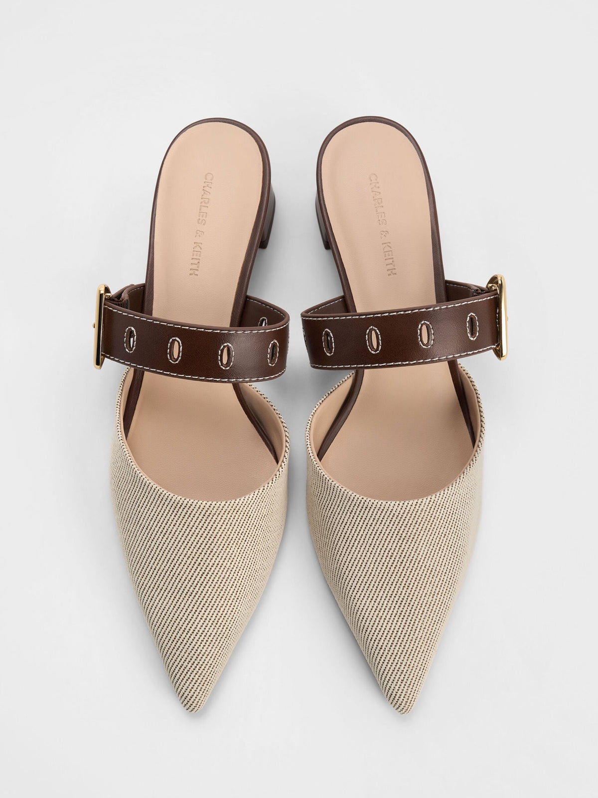 CHARLES & KEITH Classic | Sepphe Twill Buckle-Strap Heeled Mules - Brown