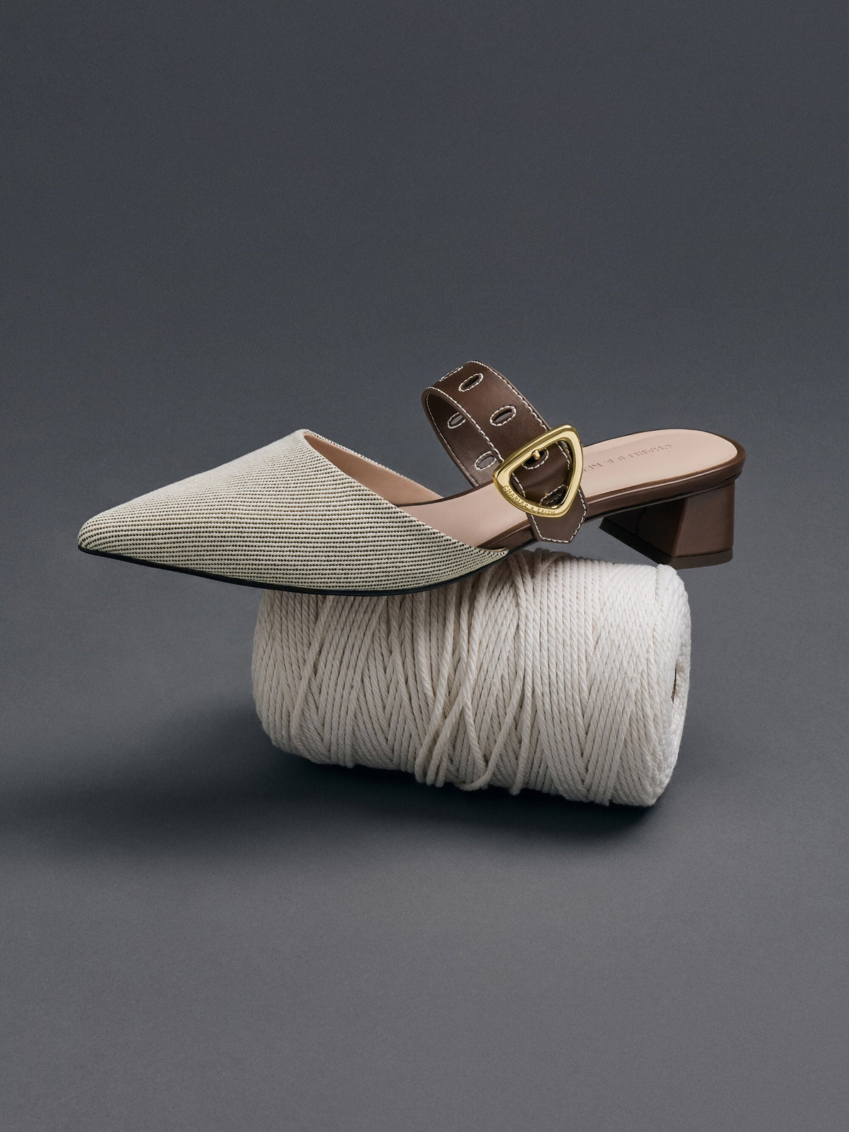 CHARLES & KEITH Classic | Sepphe Twill Buckle-Strap Heeled Mules - Brown