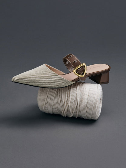 CHARLES & KEITH Classic | Sepphe Twill Buckle-Strap Heeled Mules - Brown