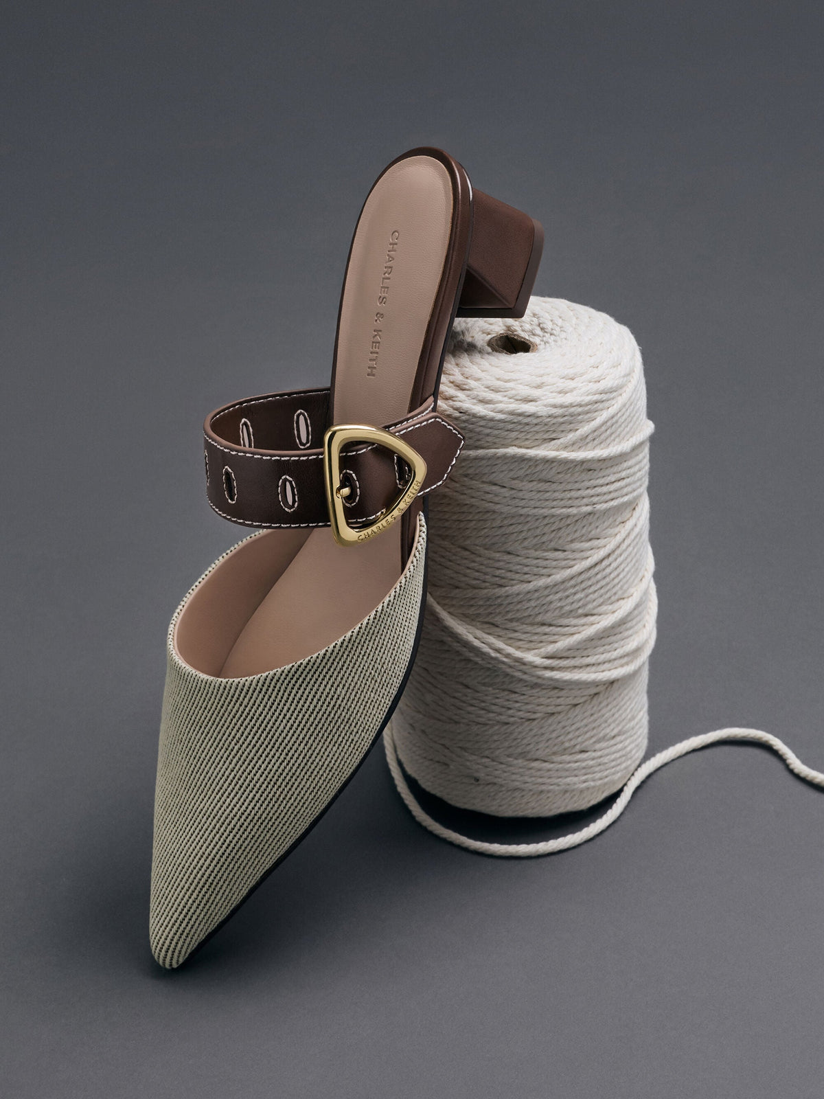 CHARLES & KEITH Classic | Sepphe Twill Buckle-Strap Heeled Mules - Brown