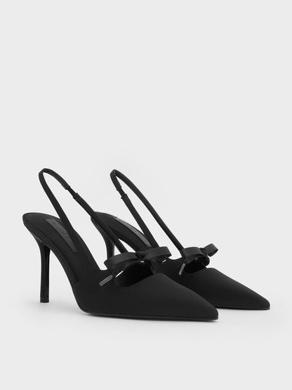 CHARLES & KEITH Special Offer | Venetia Satin Bow Pointed Slingback Pumps - Black Textured