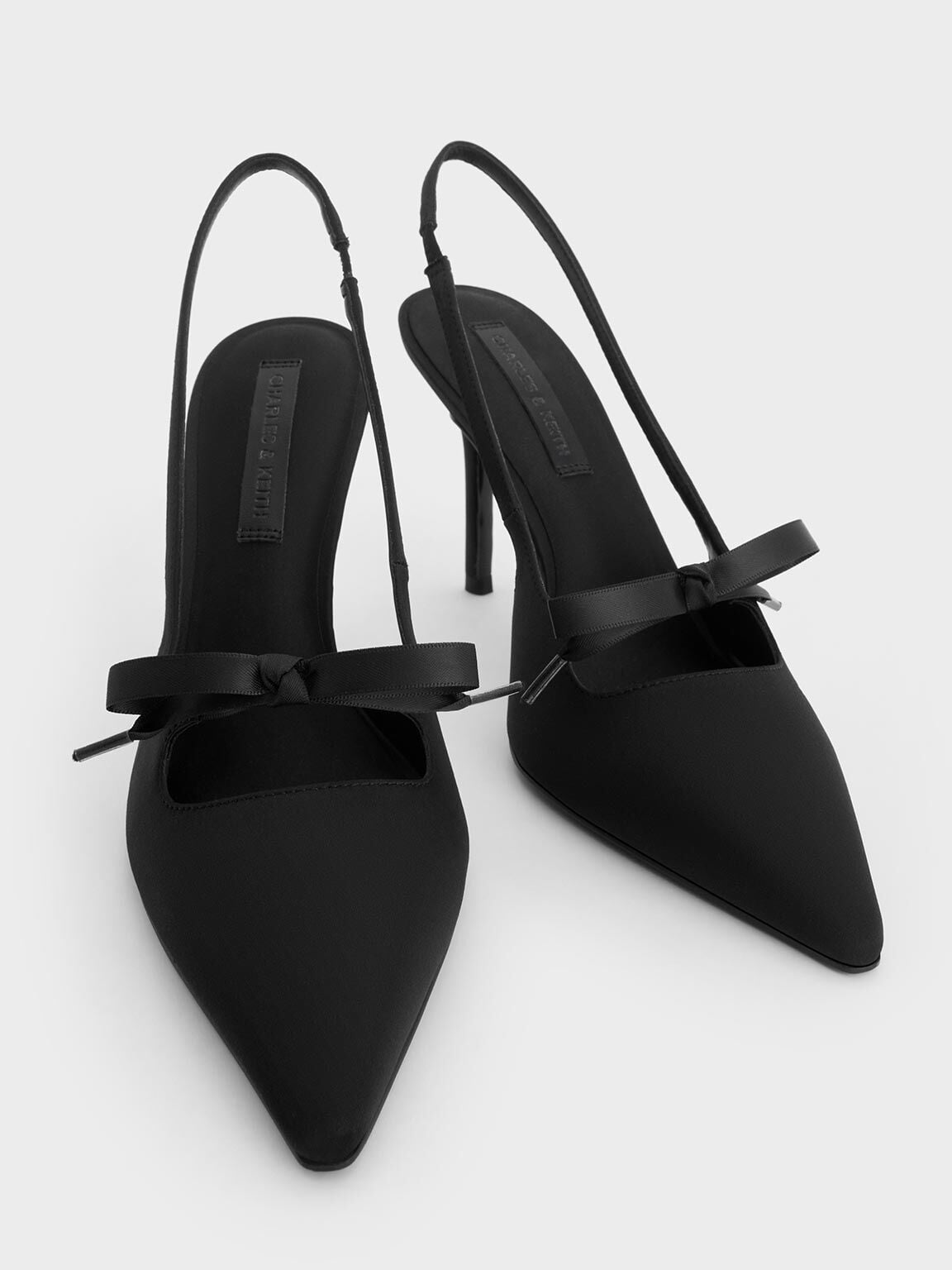 CHARLES & KEITH Special Offer | Venetia Satin Bow Pointed Slingback Pumps - Black Textured