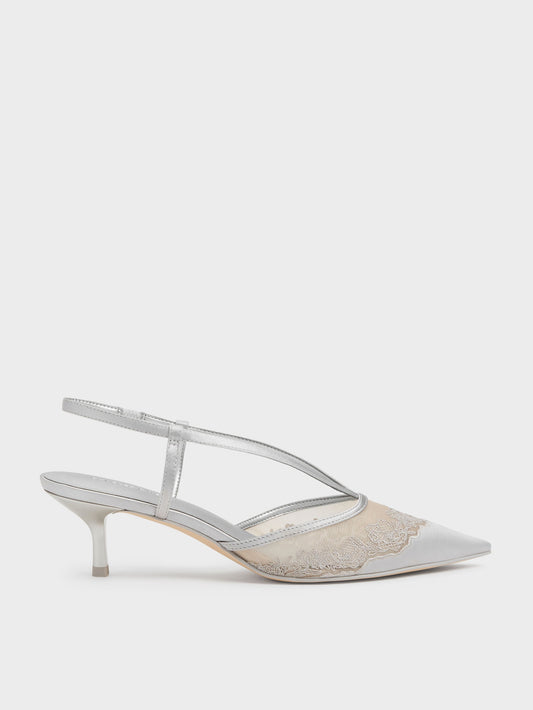 CHARLES & KEITH Exclusive | Satin Embroidered-Mesh Slingback Kitten Heels - Silver