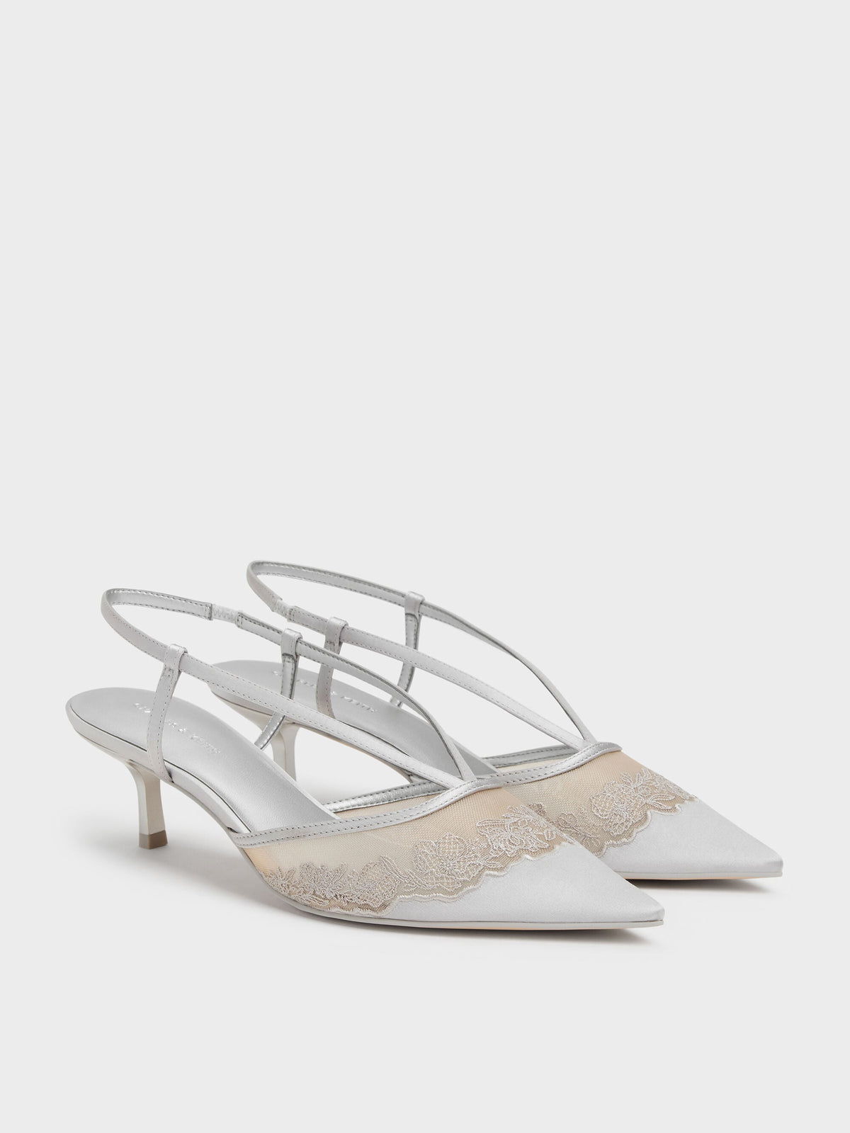 CHARLES & KEITH Exclusive | Satin Embroidered-Mesh Slingback Kitten Heels - Silver