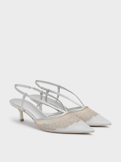 CHARLES & KEITH Exclusive | Satin Embroidered-Mesh Slingback Kitten Heels - Silver