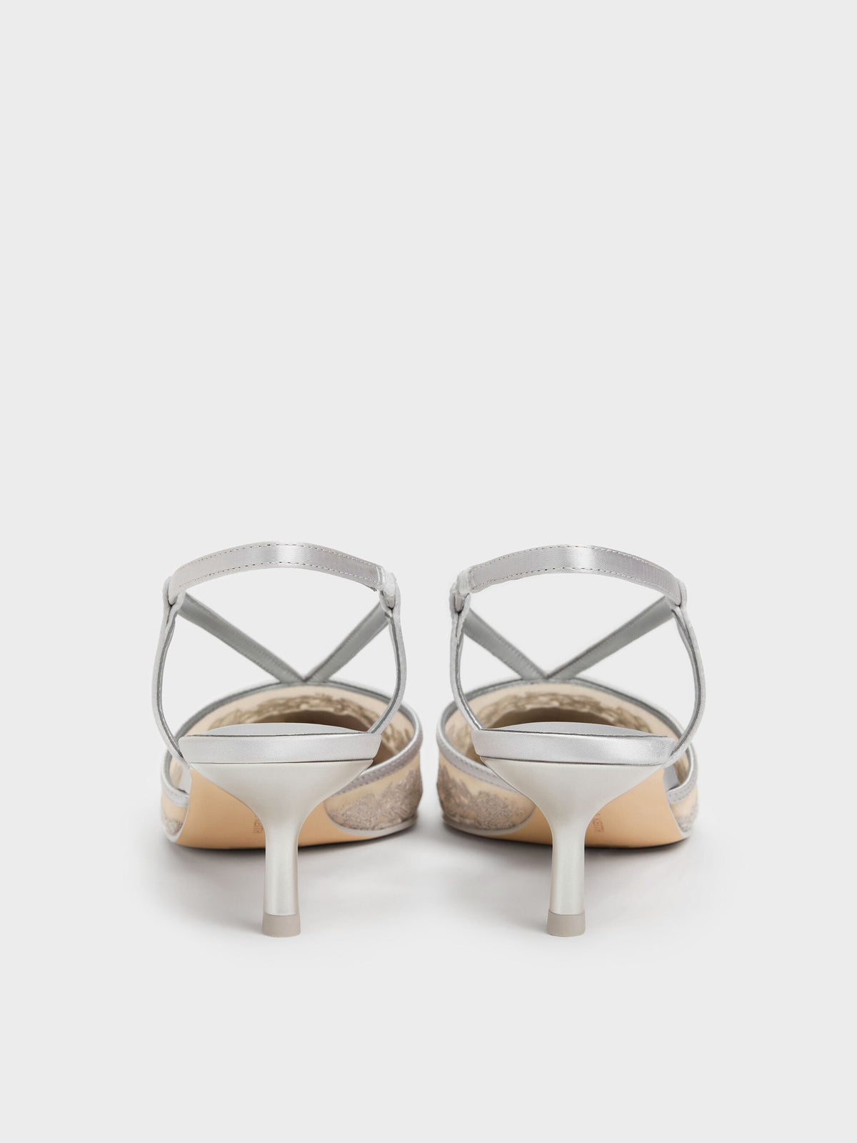 CHARLES & KEITH Exclusive | Satin Embroidered-Mesh Slingback Kitten Heels - Silver