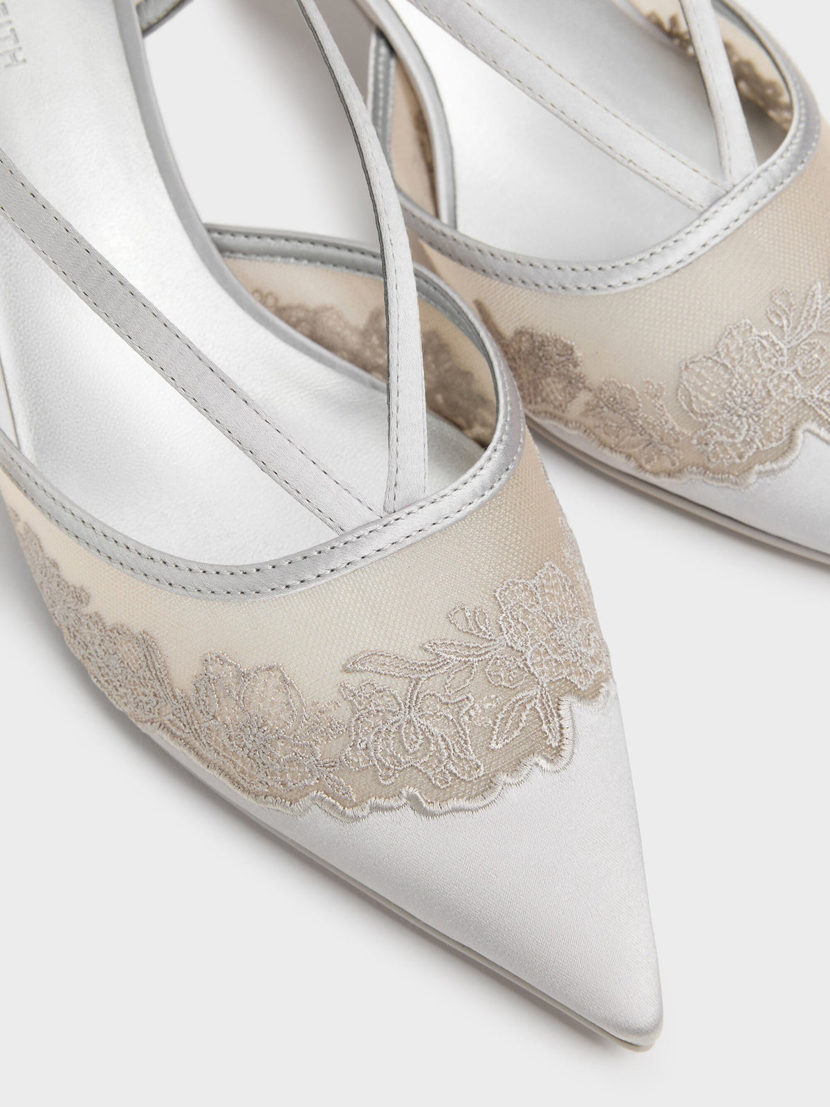 CHARLES & KEITH Exclusive | Satin Embroidered-Mesh Slingback Kitten Heels - Silver