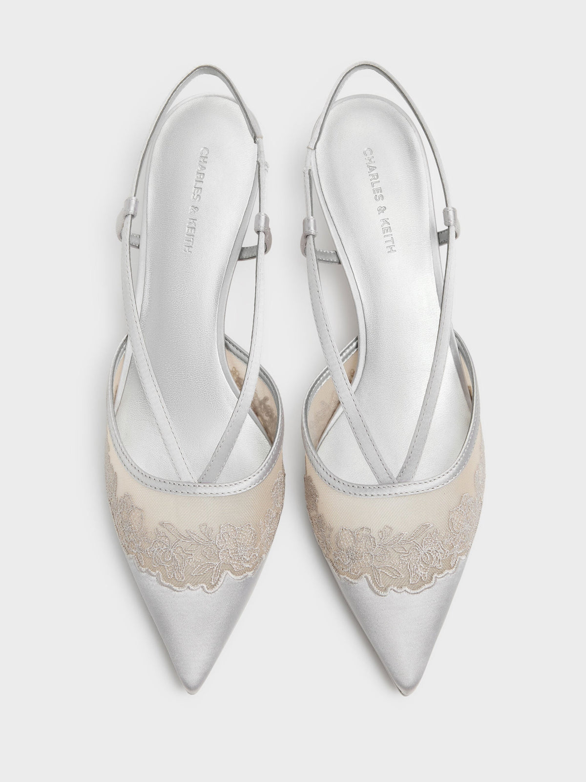 CHARLES & KEITH Exclusive | Satin Embroidered-Mesh Slingback Kitten Heels - Silver