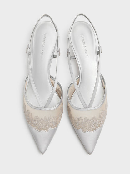 CHARLES & KEITH Exclusive | Satin Embroidered-Mesh Slingback Kitten Heels - Silver
