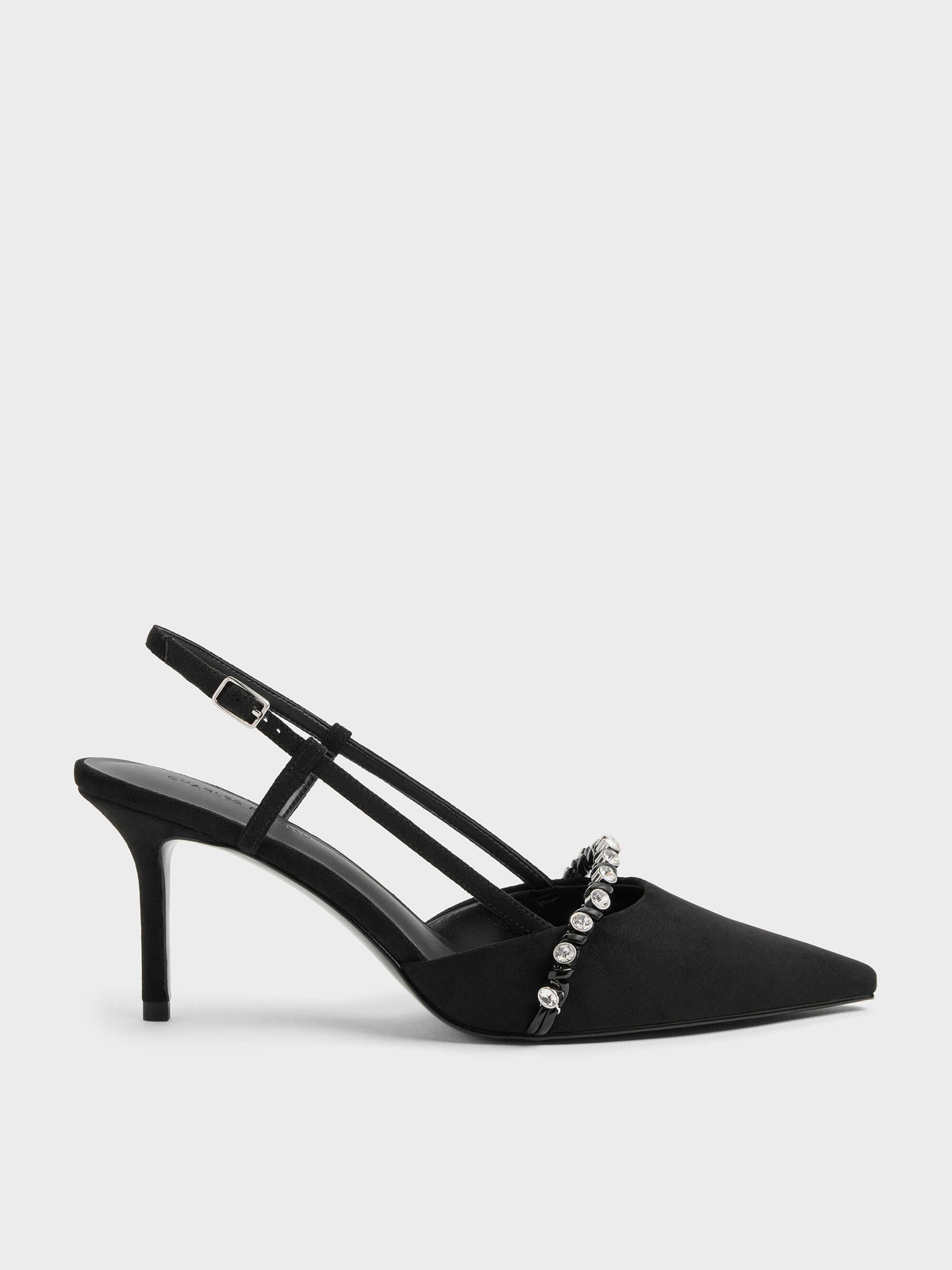CHARLES & KEITH Signature | Faux Suede Crystal Slingback Pumps - Black Textured